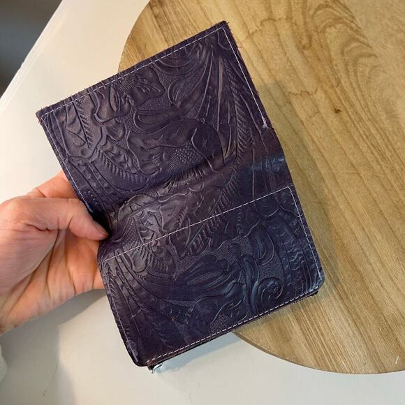 Handmade Purple Genuine Leather Tooled Floral Fold Over Western Wallet - Picture 8 of 11